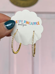 Gold pave crystal hoop earrings, small oval hoops with thin top posts
