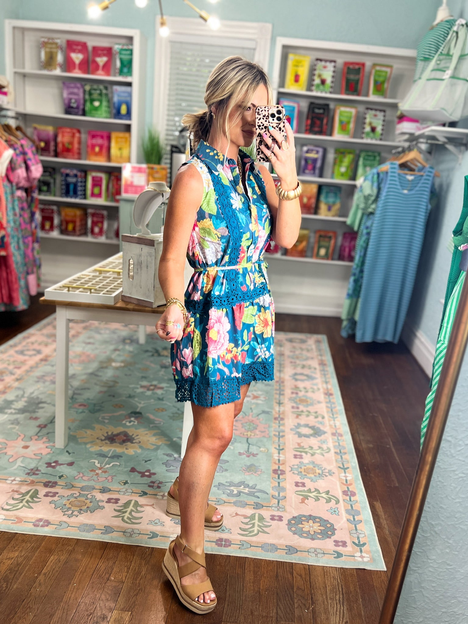 Painted Petals Crochet Trim Mini Dress