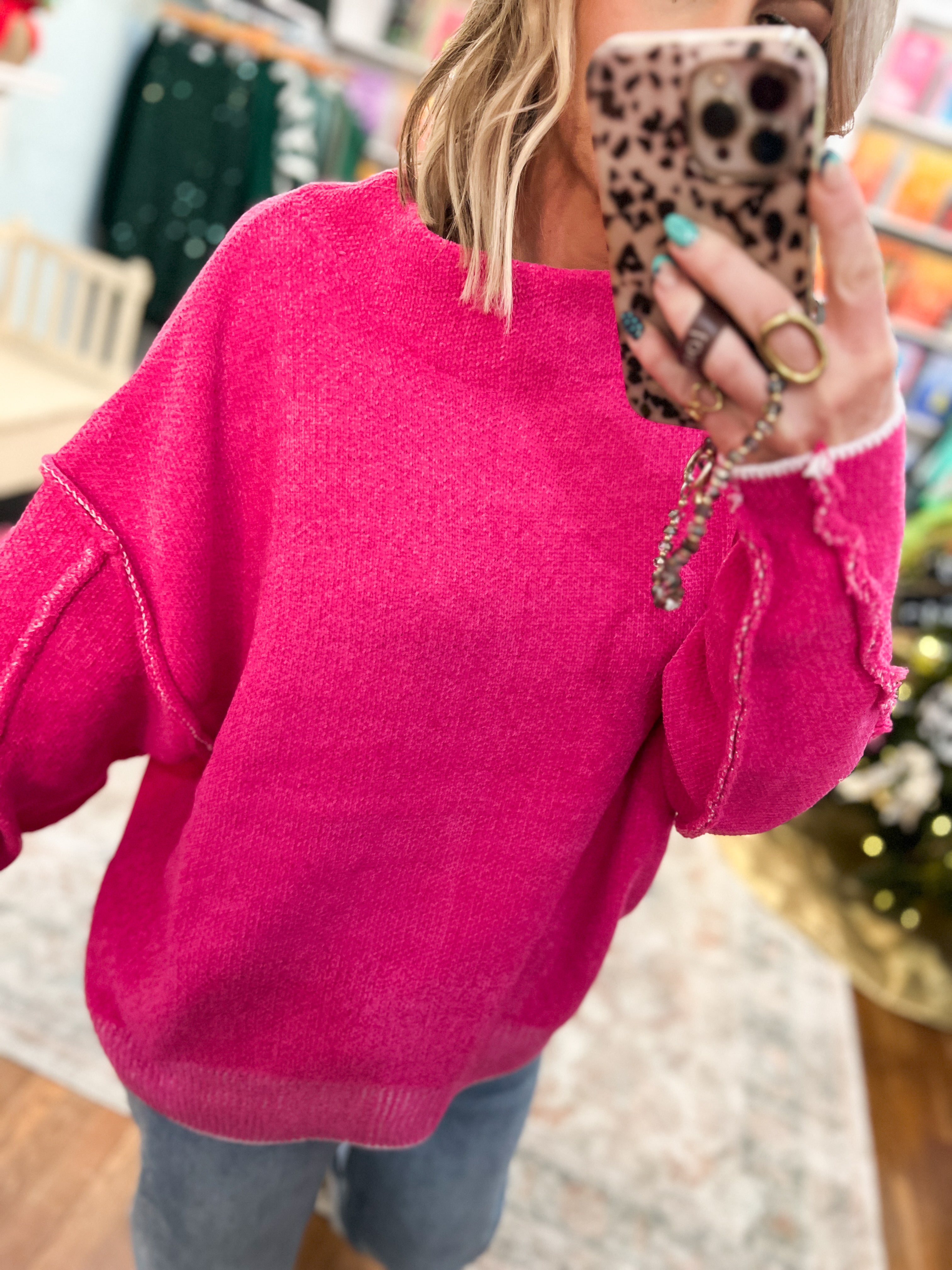 Crisp Breeze Mock Neck Sweater - Neon Hot Pink