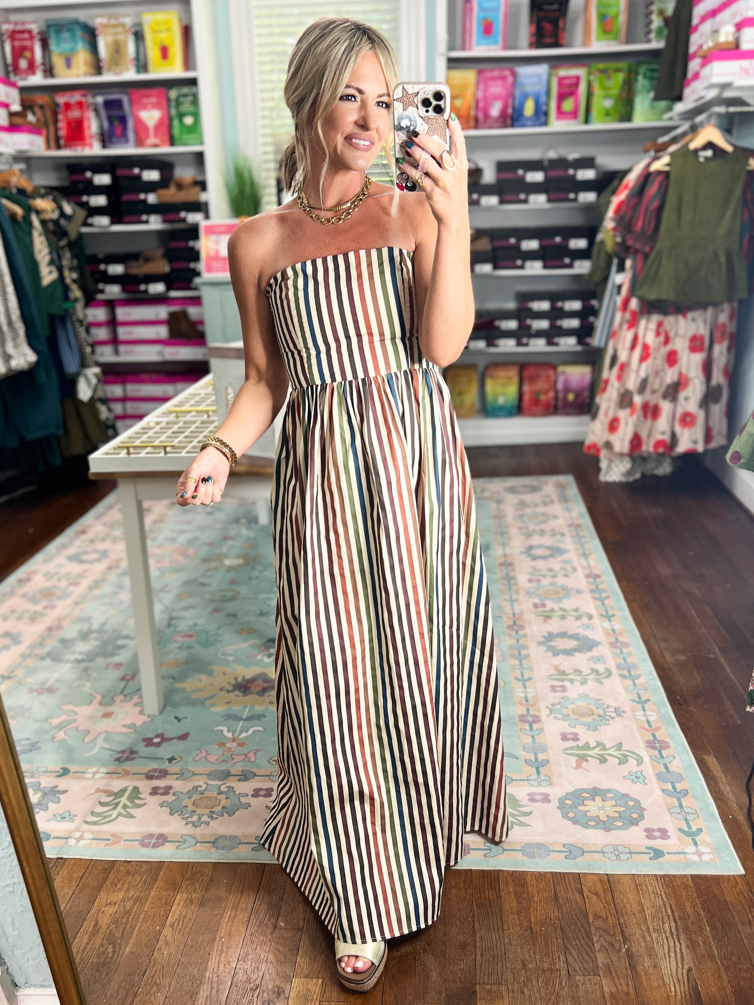 Striped and Stunning Strapless Maxi Dress- Multi