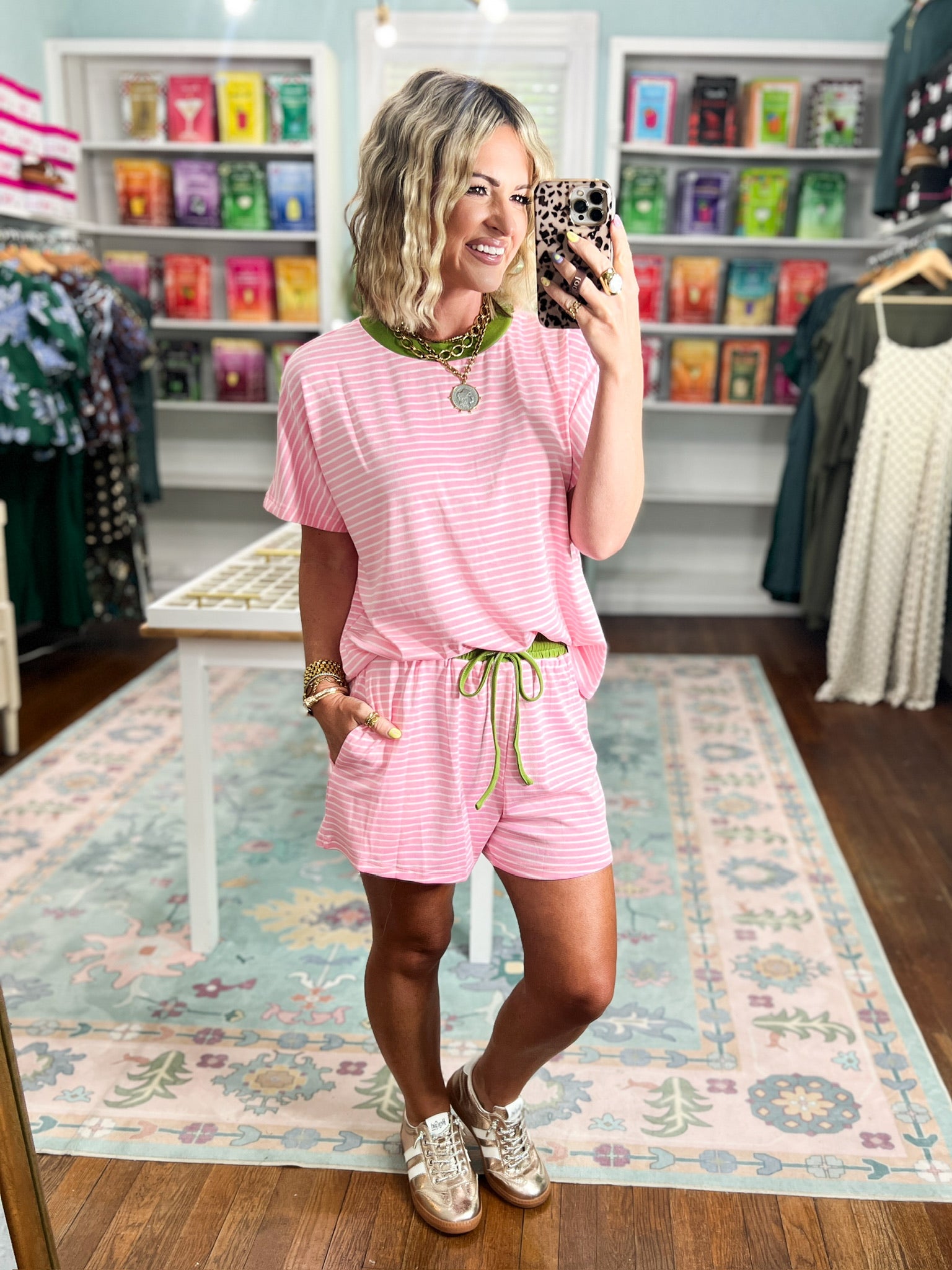New Days Striped Knit Top and Shorts Set - Candy Pink/Matcha