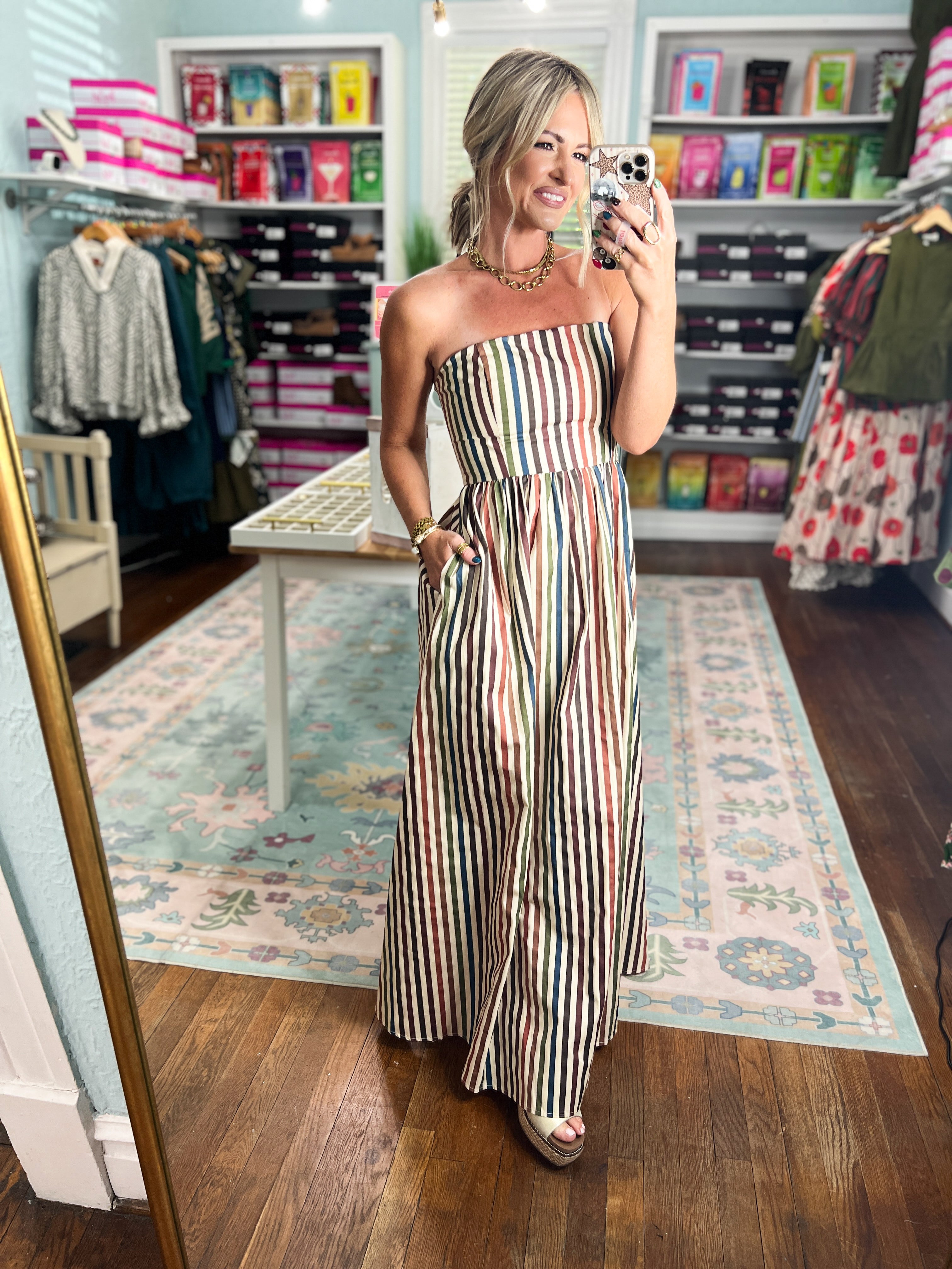 Striped and Stunning Strapless Maxi Dress- Multi