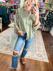 Olive vertical-striped button-down top with pointed collar and long sleeves