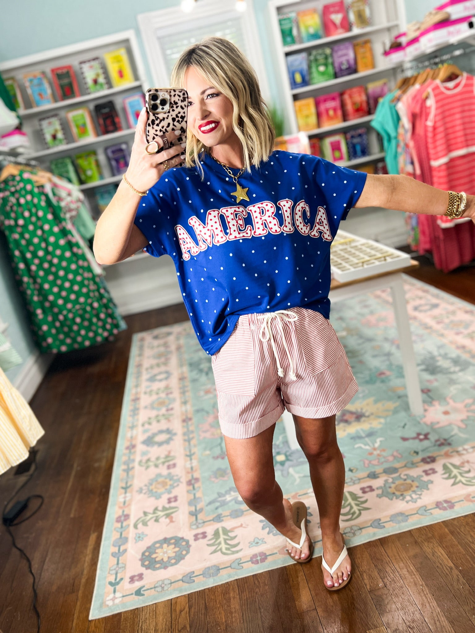 America Patch Polka Dot Knit Top - Blue