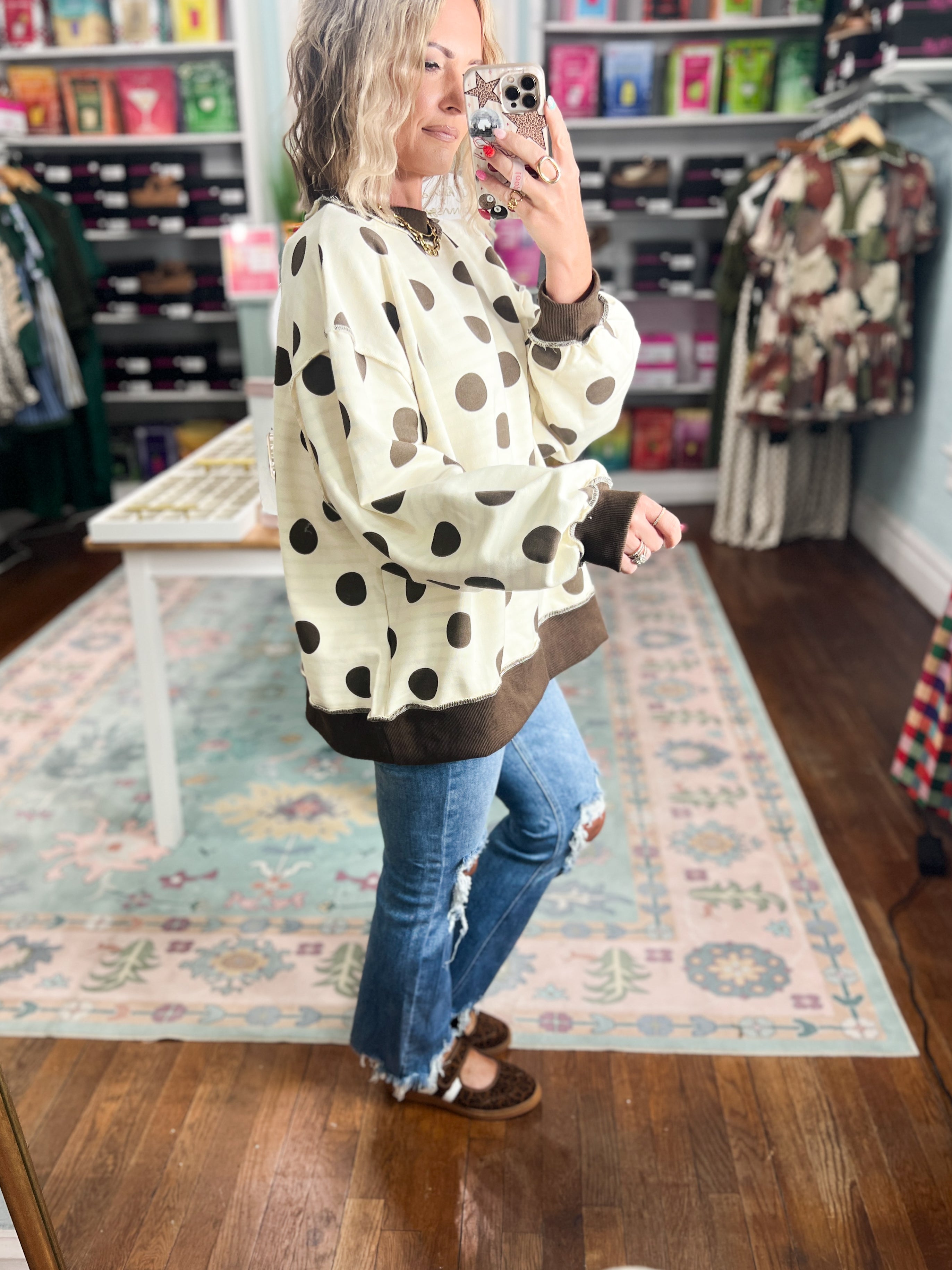 Reversible mock neck sweatshirt, ivory polka dot pattern with brown hem and cuffs