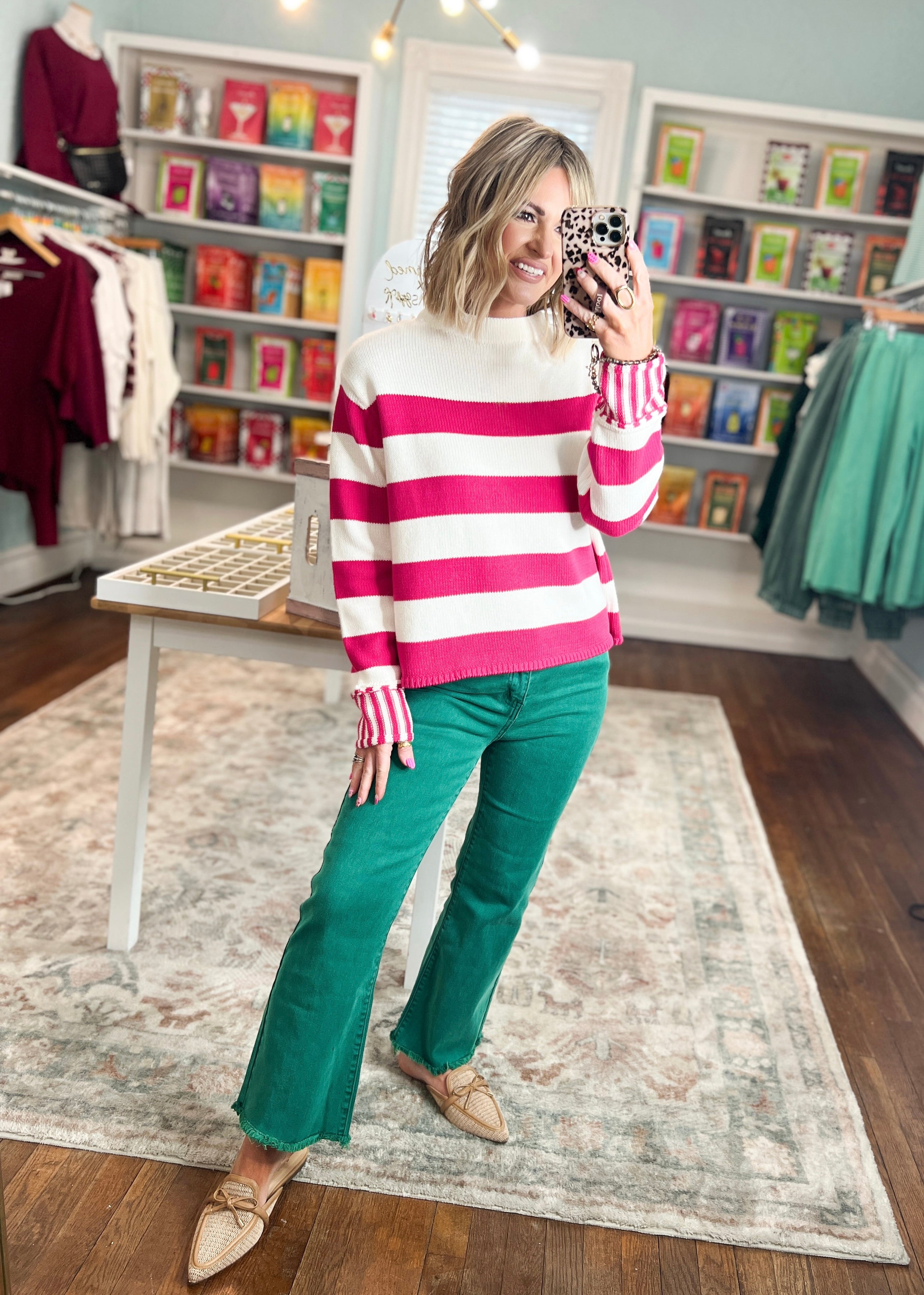 Sip in Style Stripe Sweater - Hot Pink