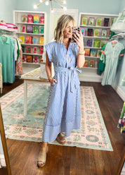 Let's Meet Later Striped Midi Dress - Blue