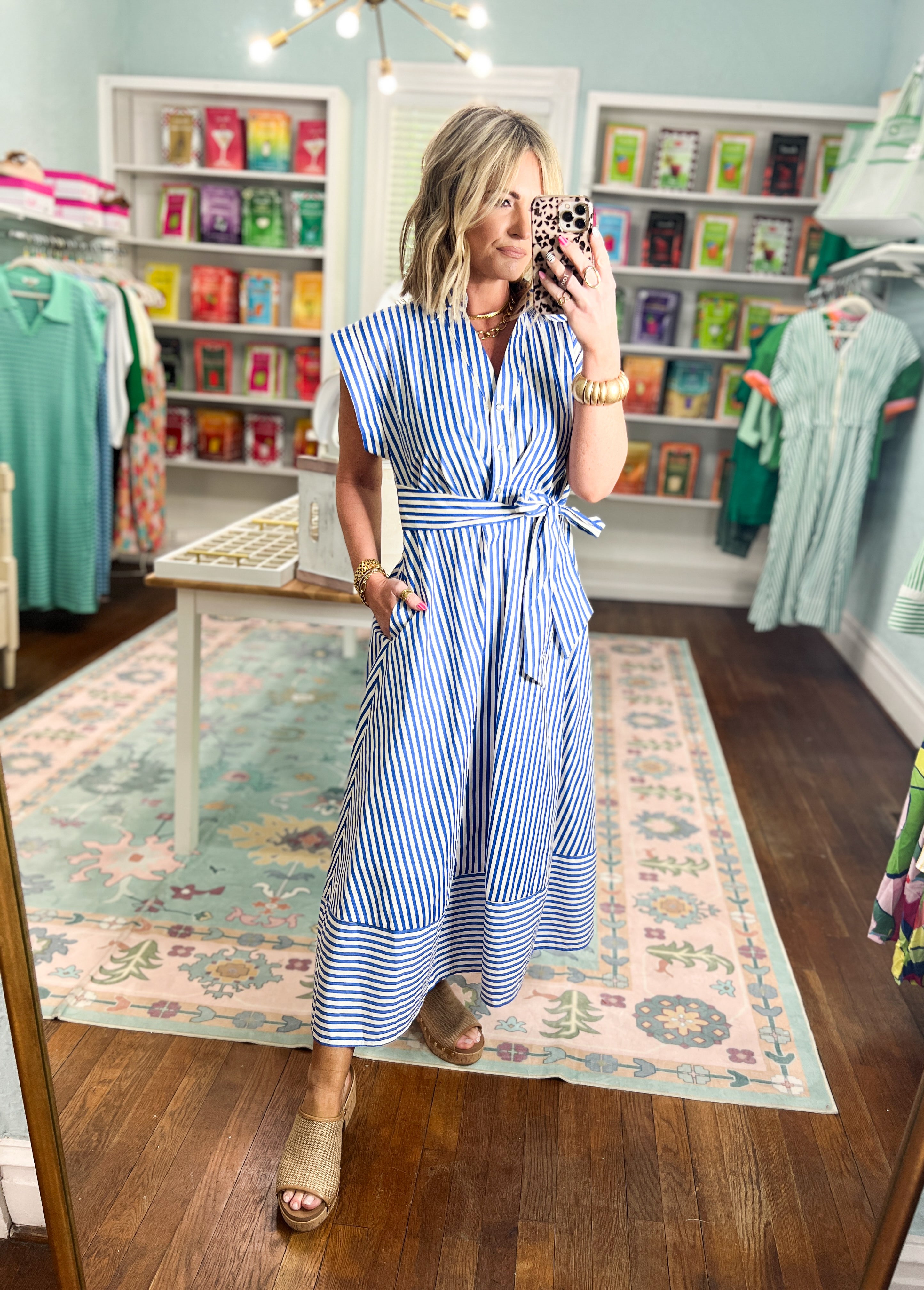 Let's Meet Later Striped Midi Dress - Blue