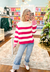 Sip in Style Stripe Sweater - Hot Pink