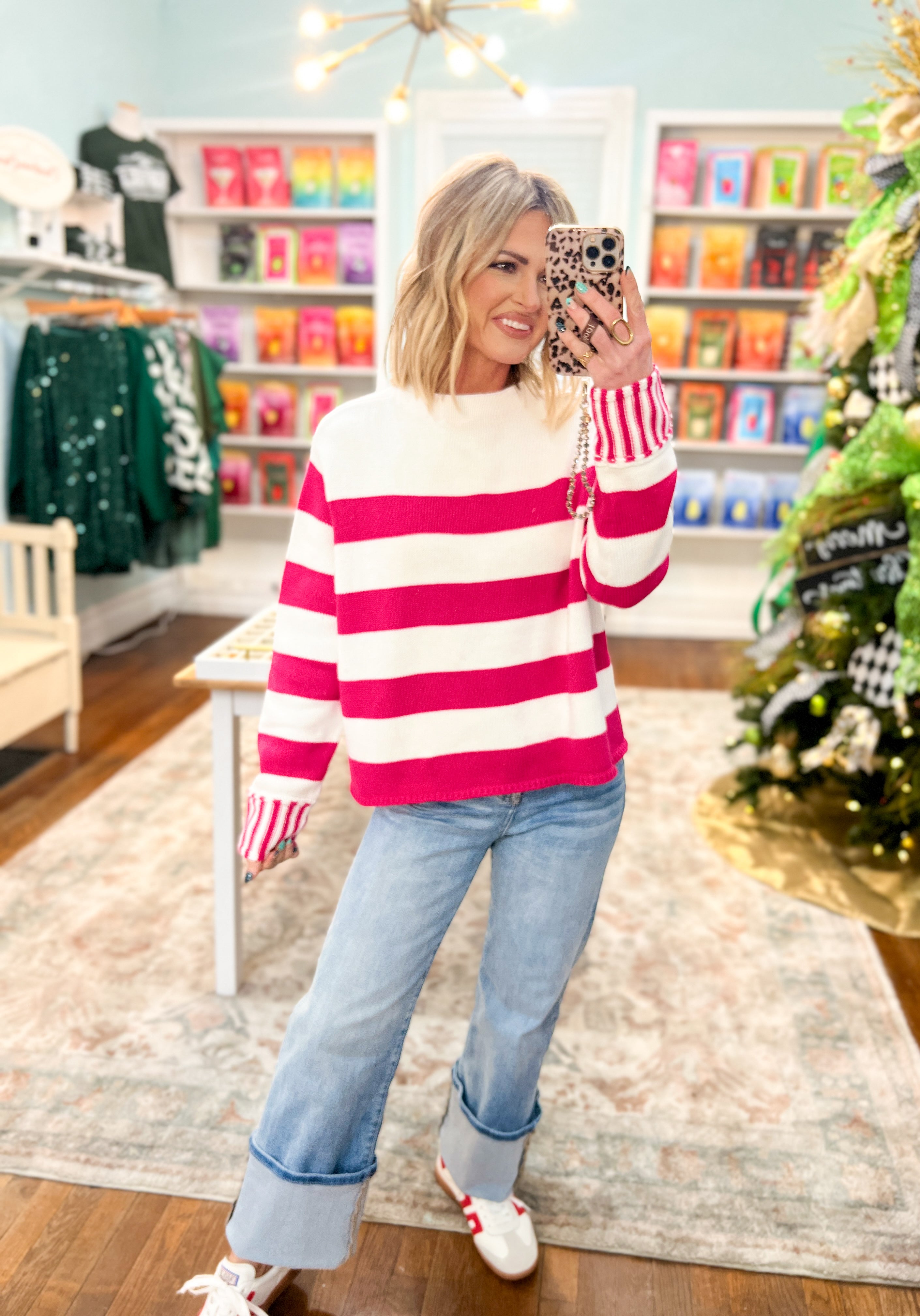 Sip in Style Stripe Sweater - Hot Pink