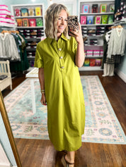 Martini olive midi shirt dress with collar and visible button details
