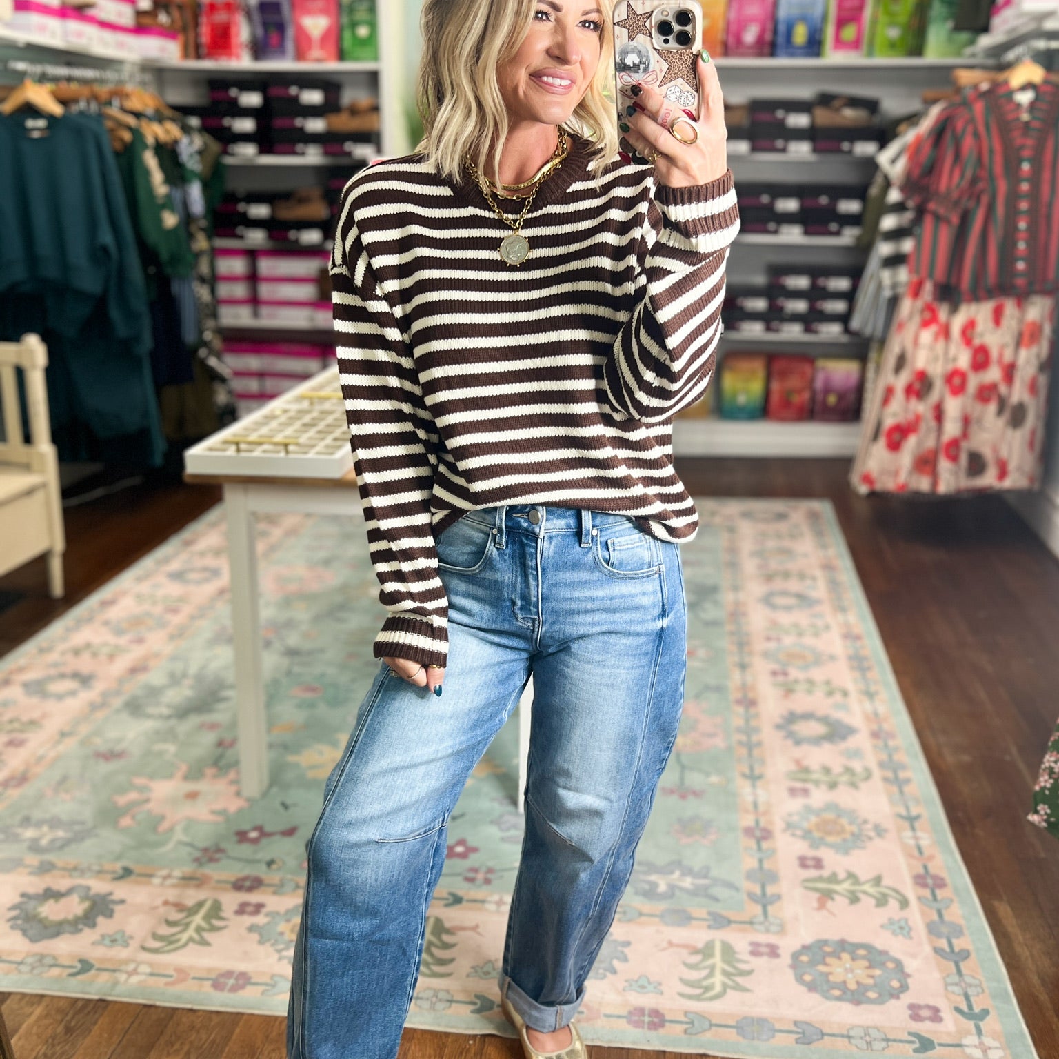 Striped crew neck sweater with long sleeves, dark brown and cream knit, ribbed cuffs