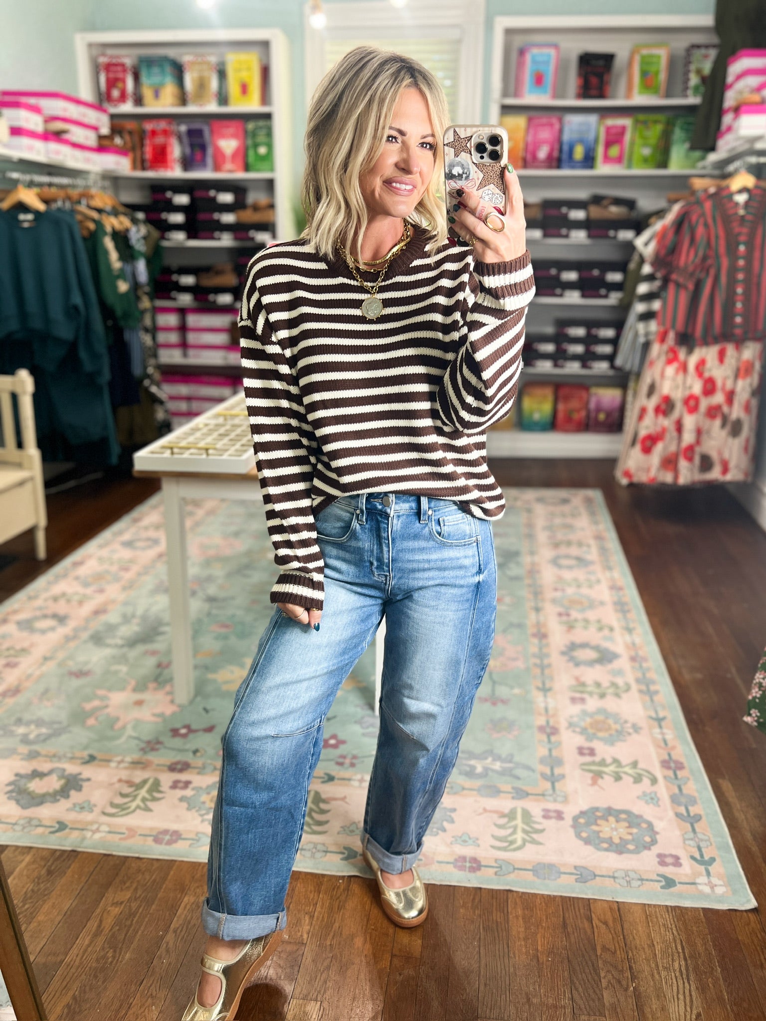 Just Right Striped Crew Neck Sweater - Dk. Brown