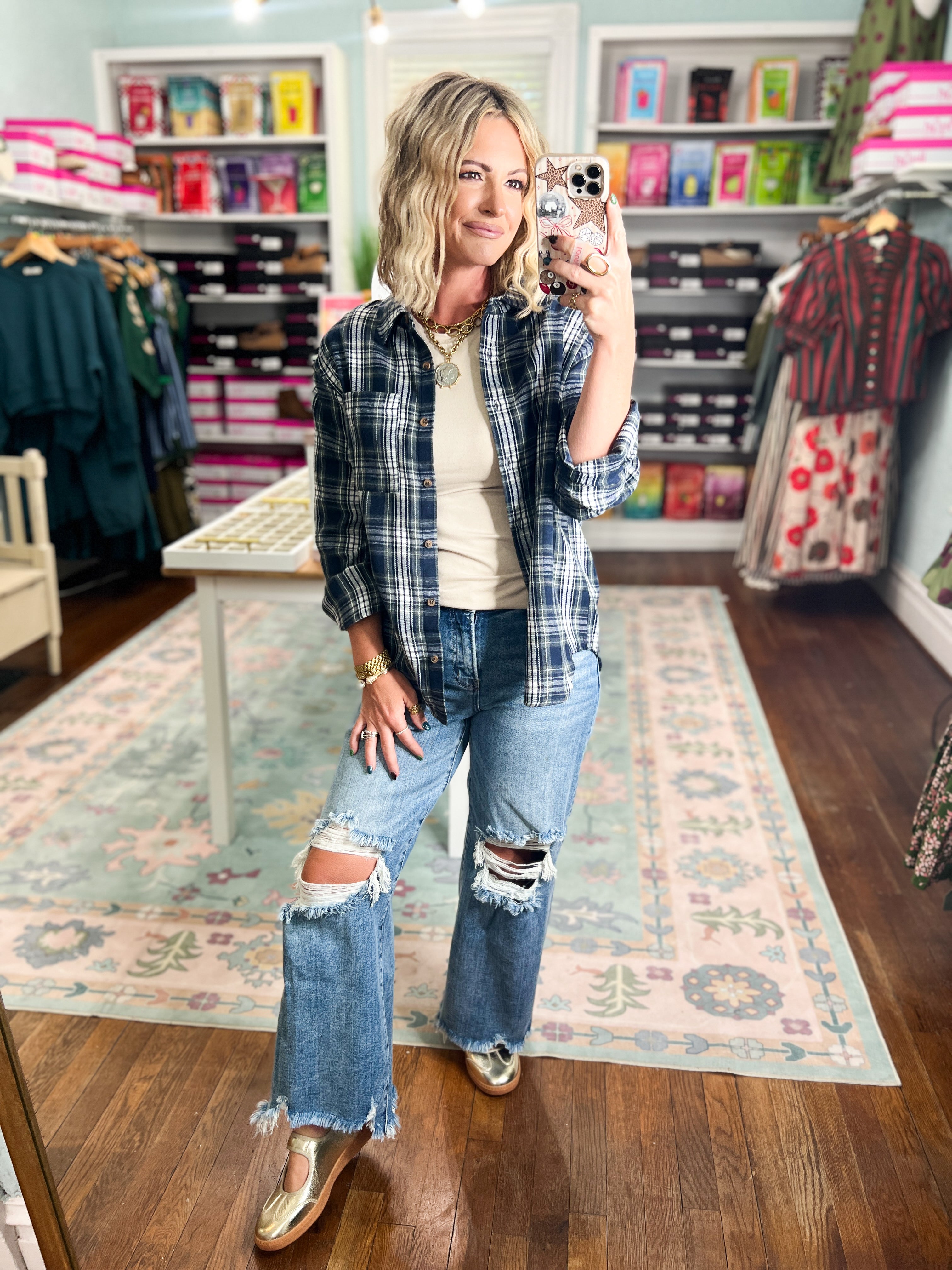 Harvest Plaid Long Sleeve Top - Navy