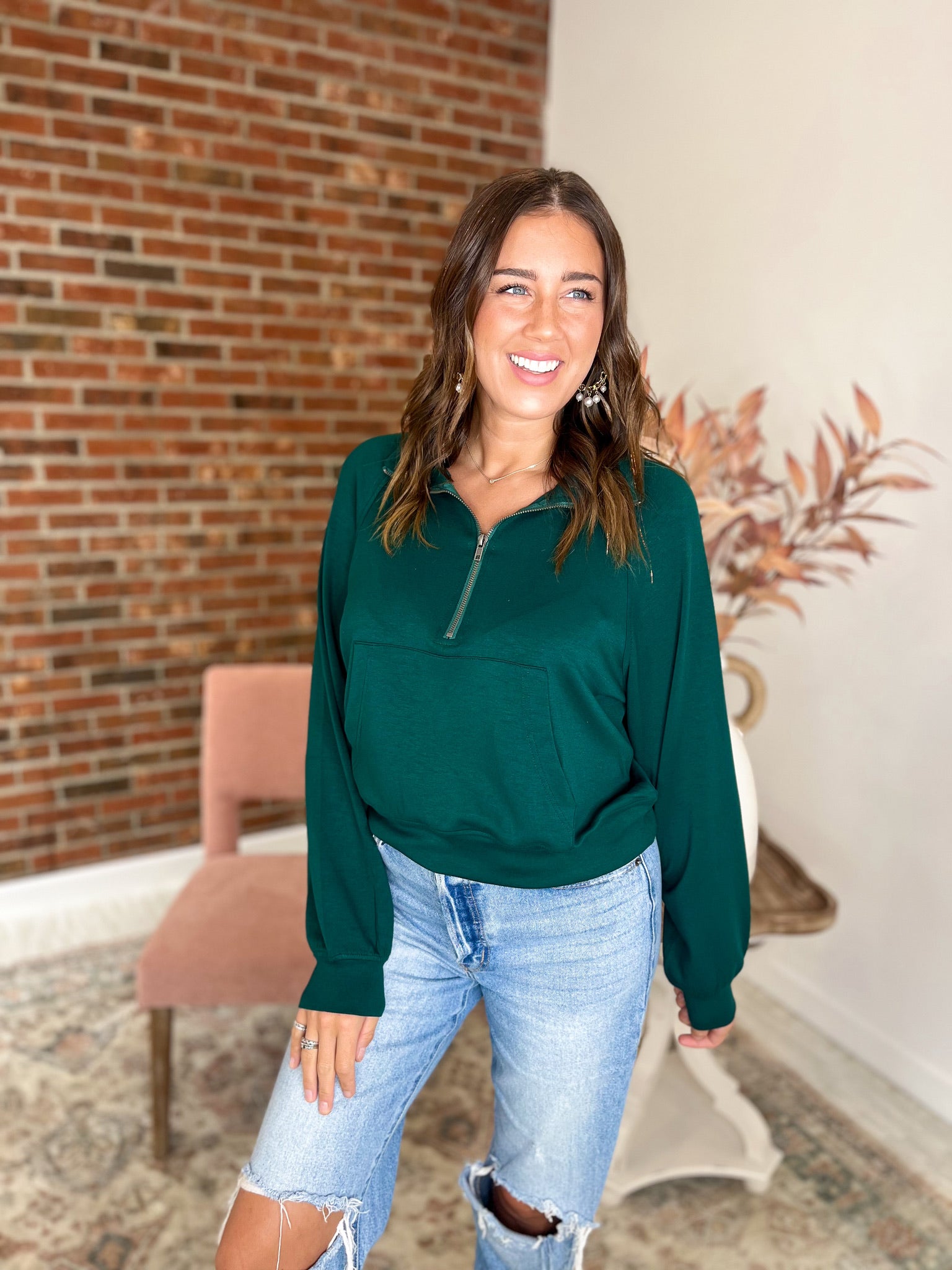 Fall Sentiments Half-Zip Sweatshirt - Dark Green