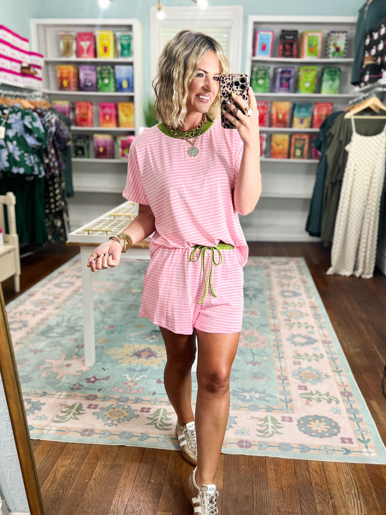 New Days Striped Knit Top and Shorts Set - Candy Pink/Matcha