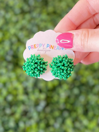 Beaded Pom Pom Earrings - Green