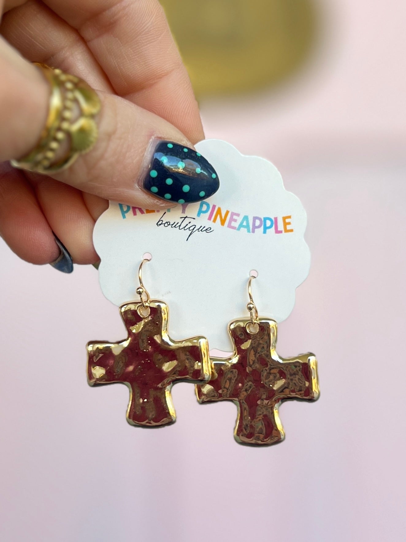 Hammered Cross Earrings - Gold