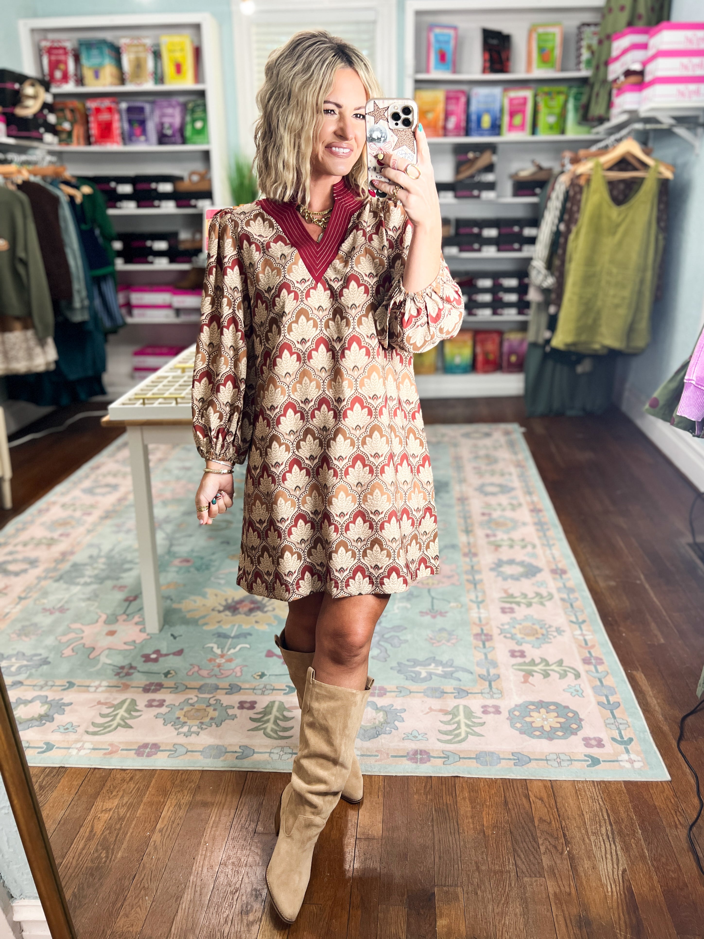 Unmistakably You Geo Floral Shift Dress - Burgundy