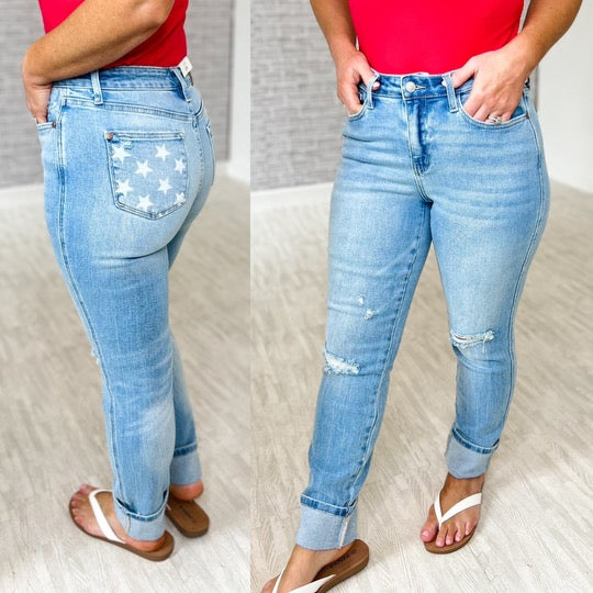 Judy Blue Mid Rise Americana Flag Cuff Boyfriend Jeans