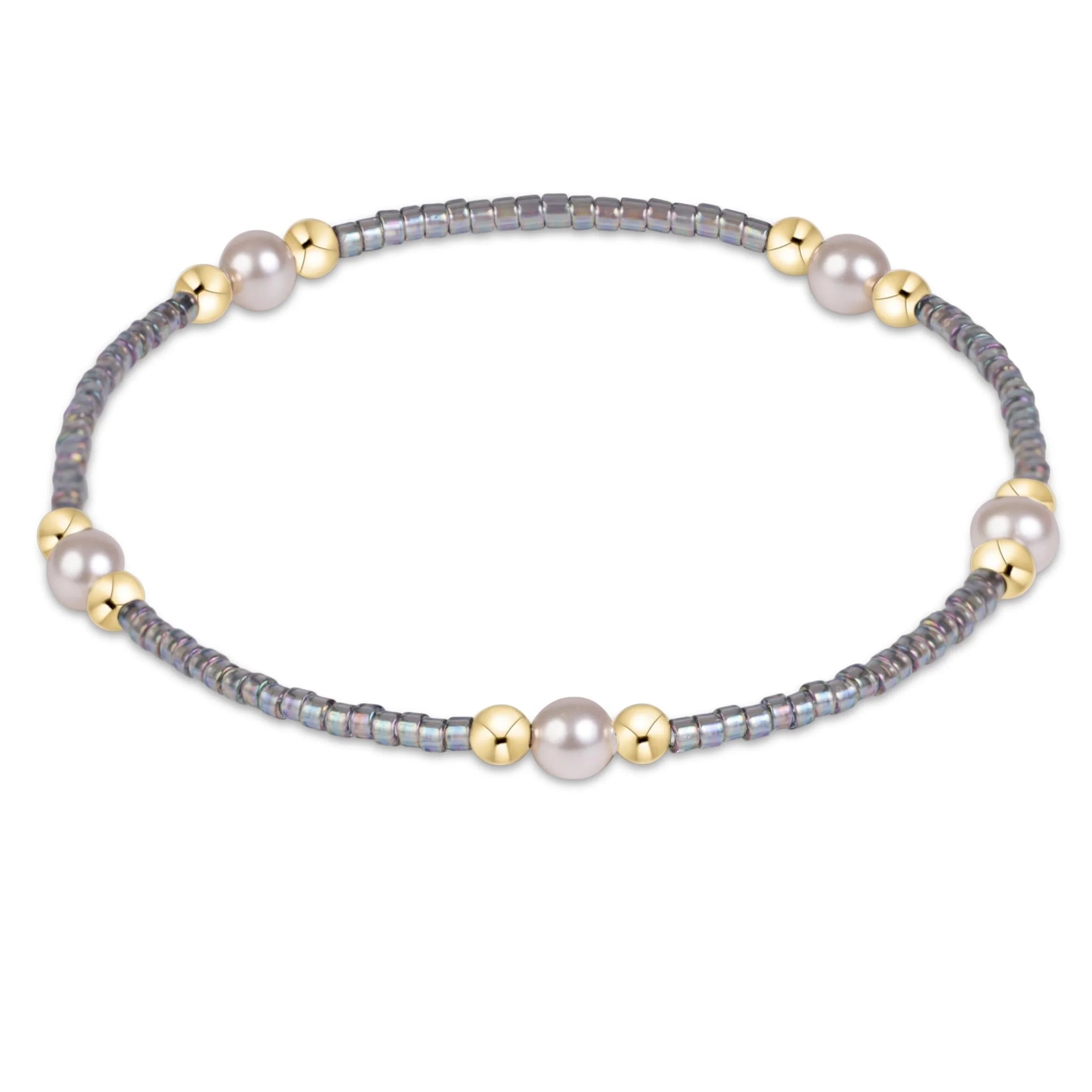 Pearl bead bracelet with gold spacers and gray round heishi beads