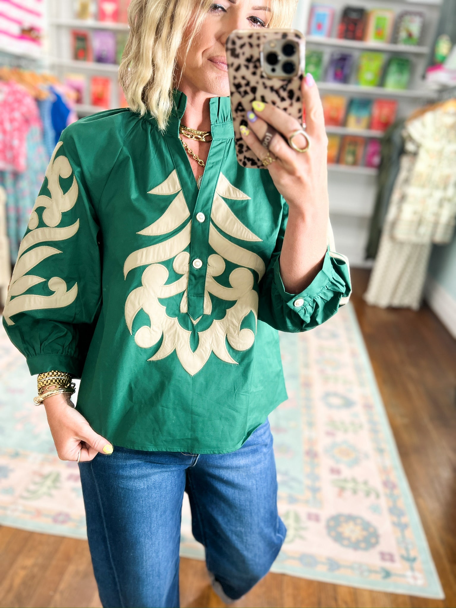 Gently Bold Baroque Appliqué Detail Top - Hunter Green