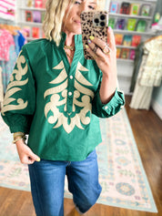 Gently Bold Baroque Appliqué Detail Top - Hunter Green