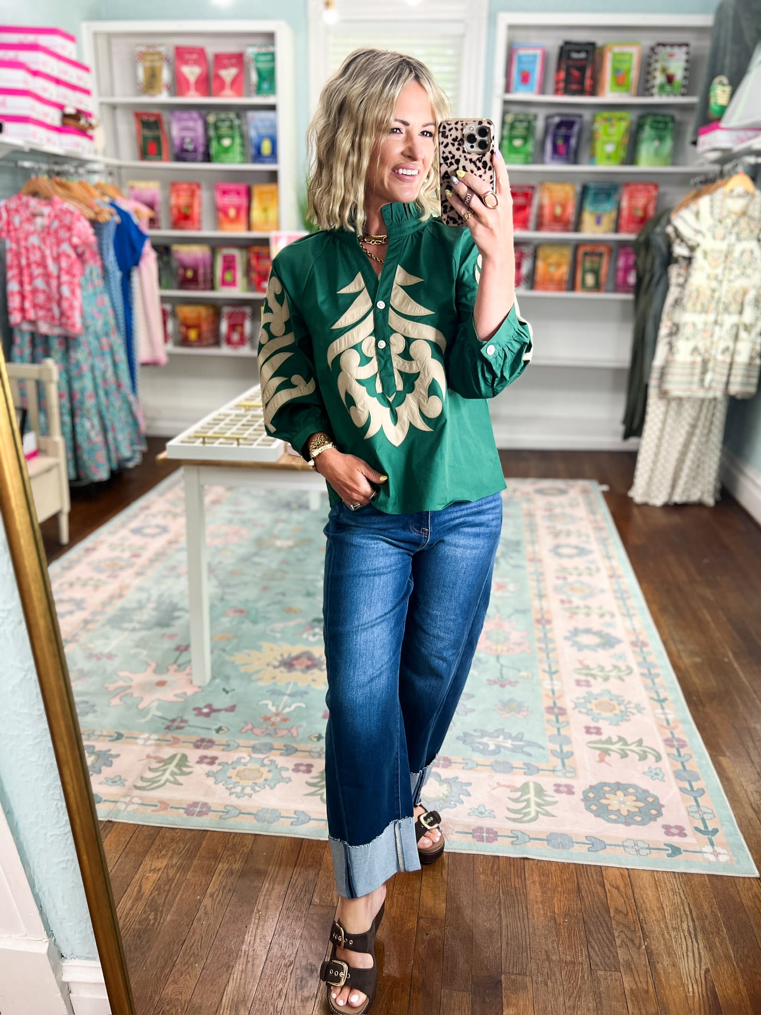 Gently Bold Baroque Appliqué Detail Top - Hunter Green