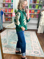 Gently Bold Baroque Appliqué Detail Top - Hunter Green