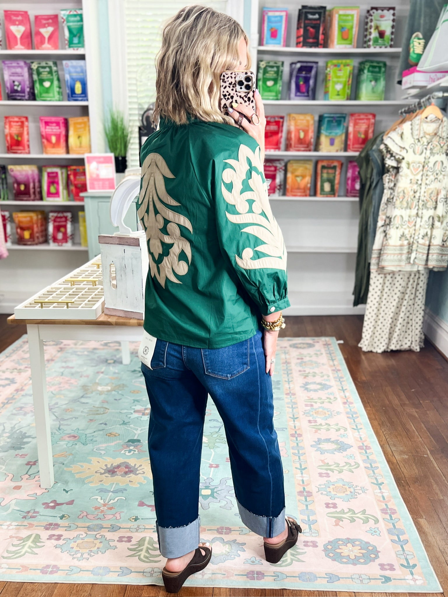 Gently Bold Baroque Appliqué Detail Top - Hunter Green