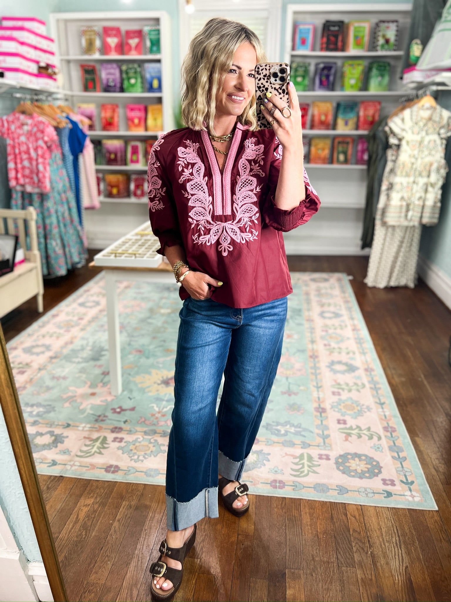 Burgundy embroidered blouse with billowed sleeves and keyhole front
