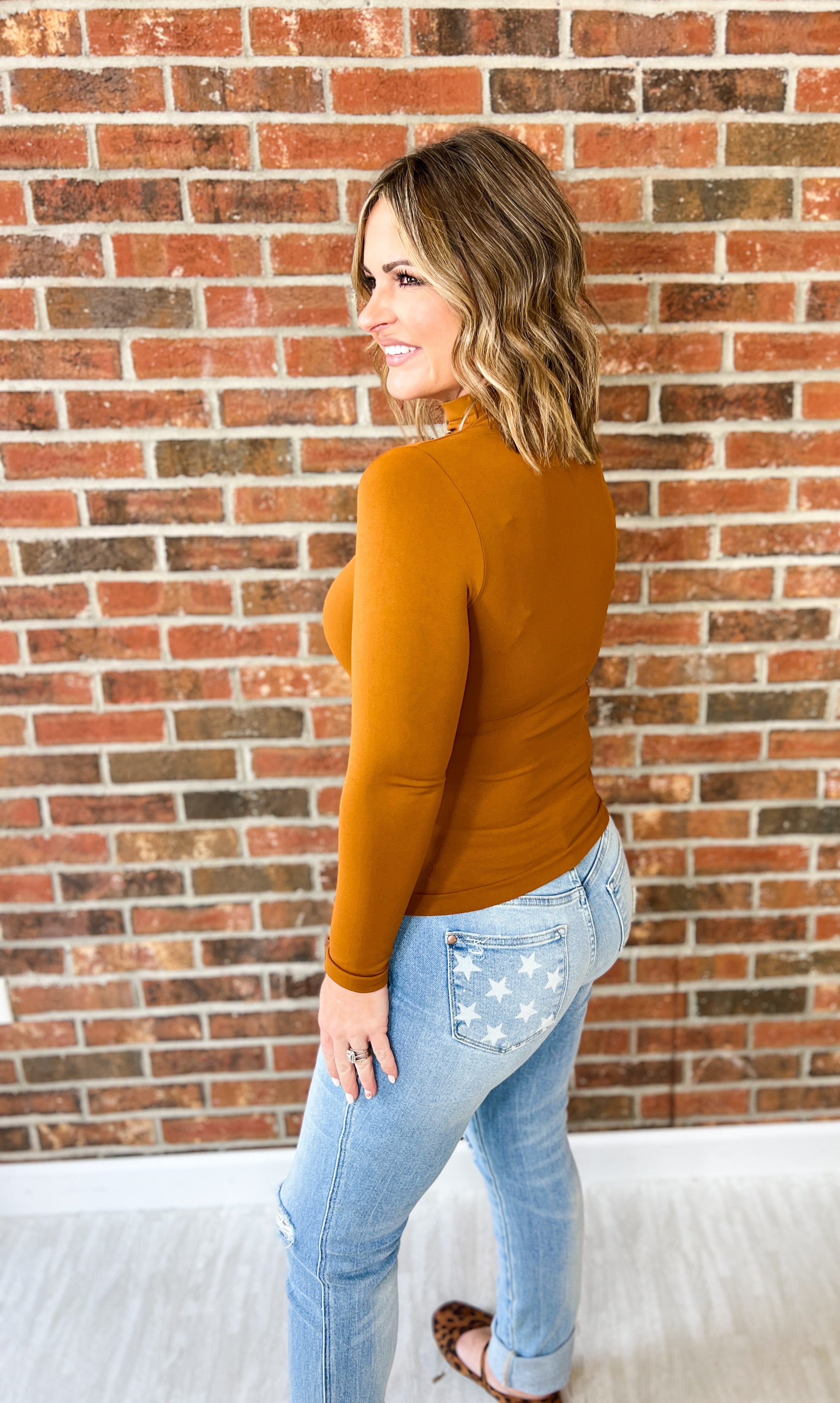 Bare Essential Seamless Mock Neck Long Sleeve Top - Caramel