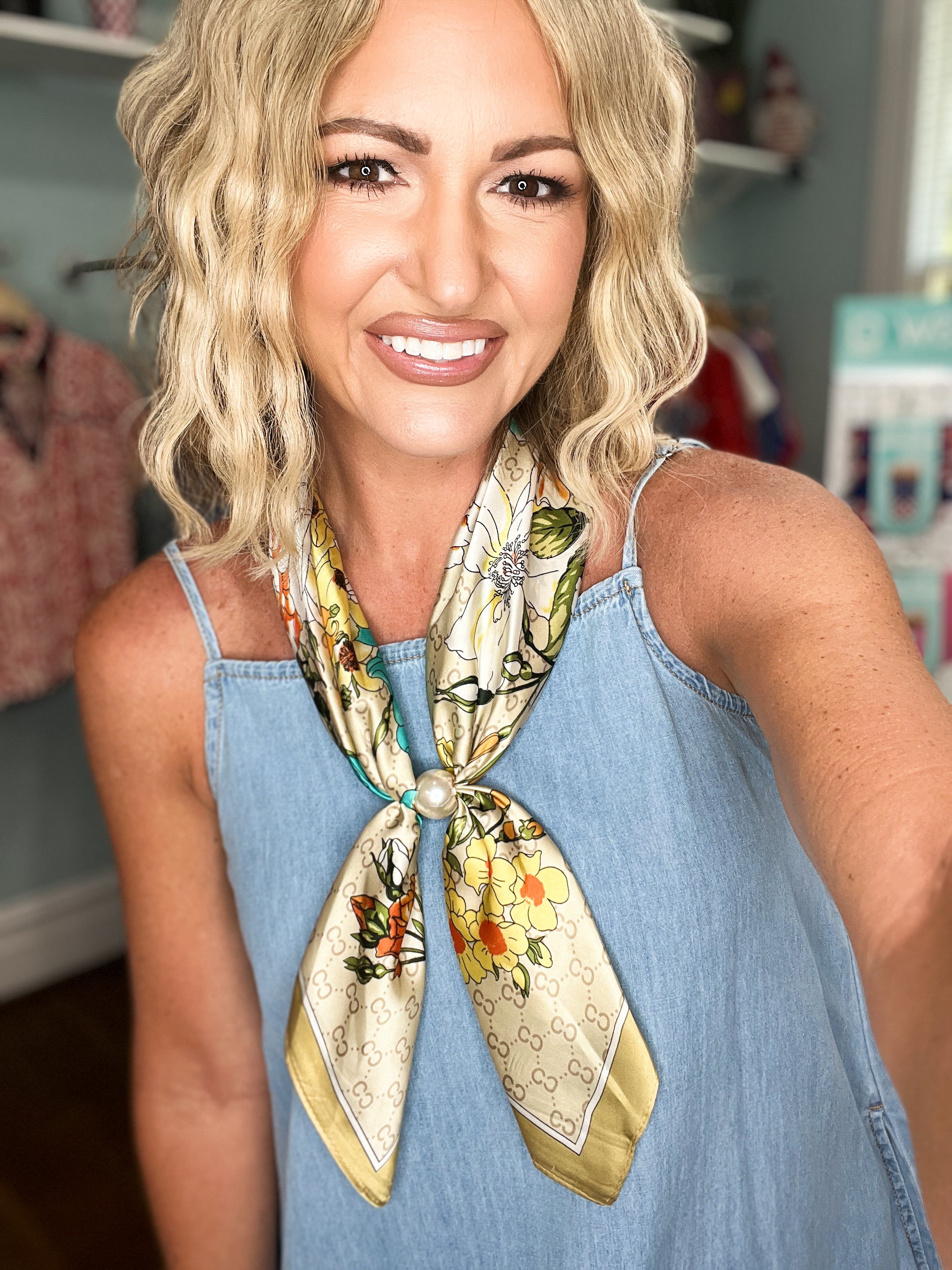 Pearl Accent Floral Scarf Necklace - Beige/Teal
