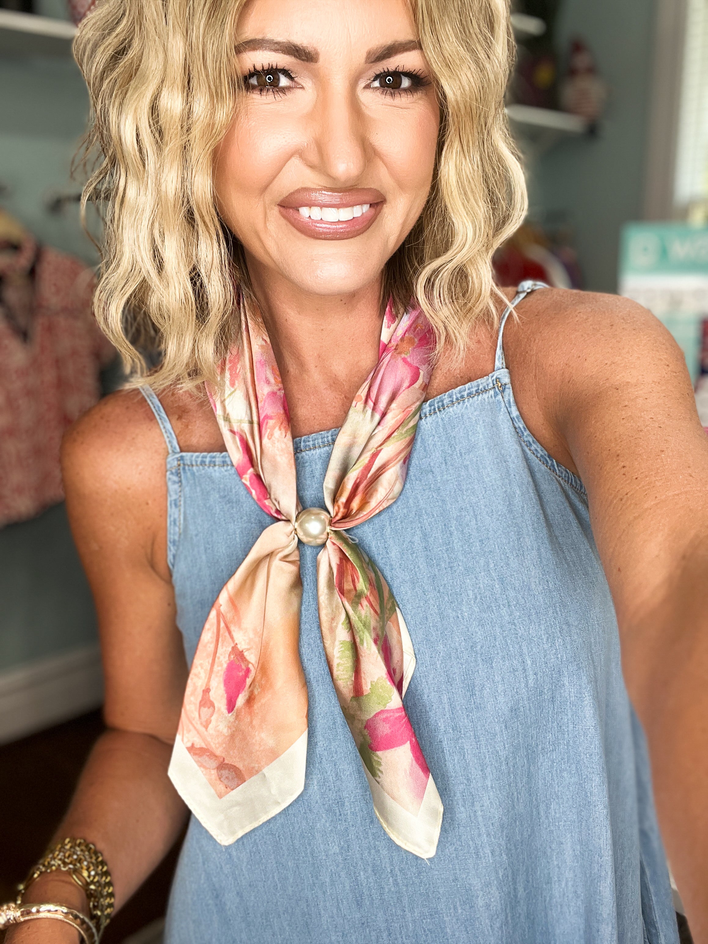 Pearl Accent Floral Scarf Necklace - Fuchsia/Ivory