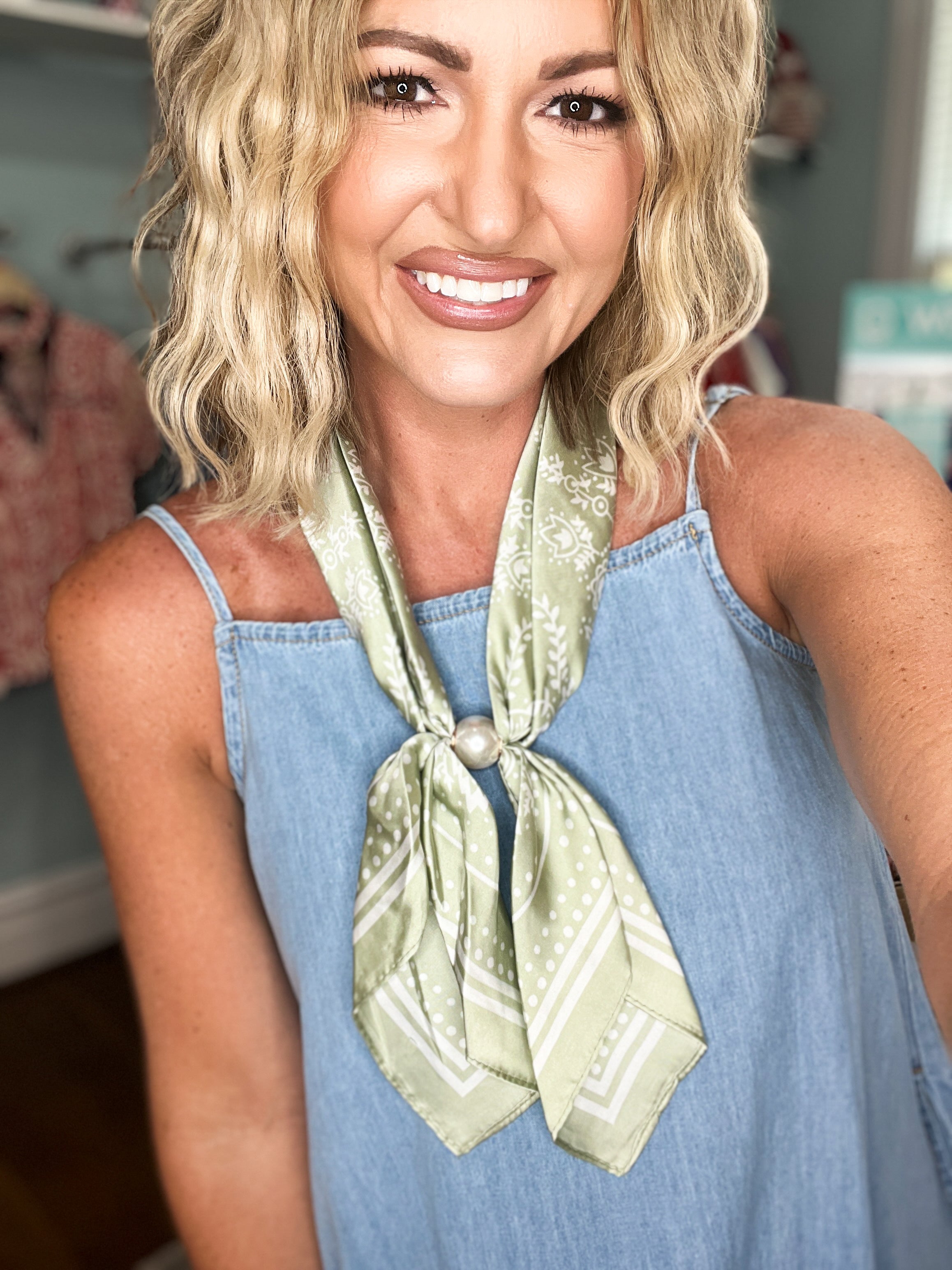 Pearl Accent Paisley Scarf Necklace - Sage