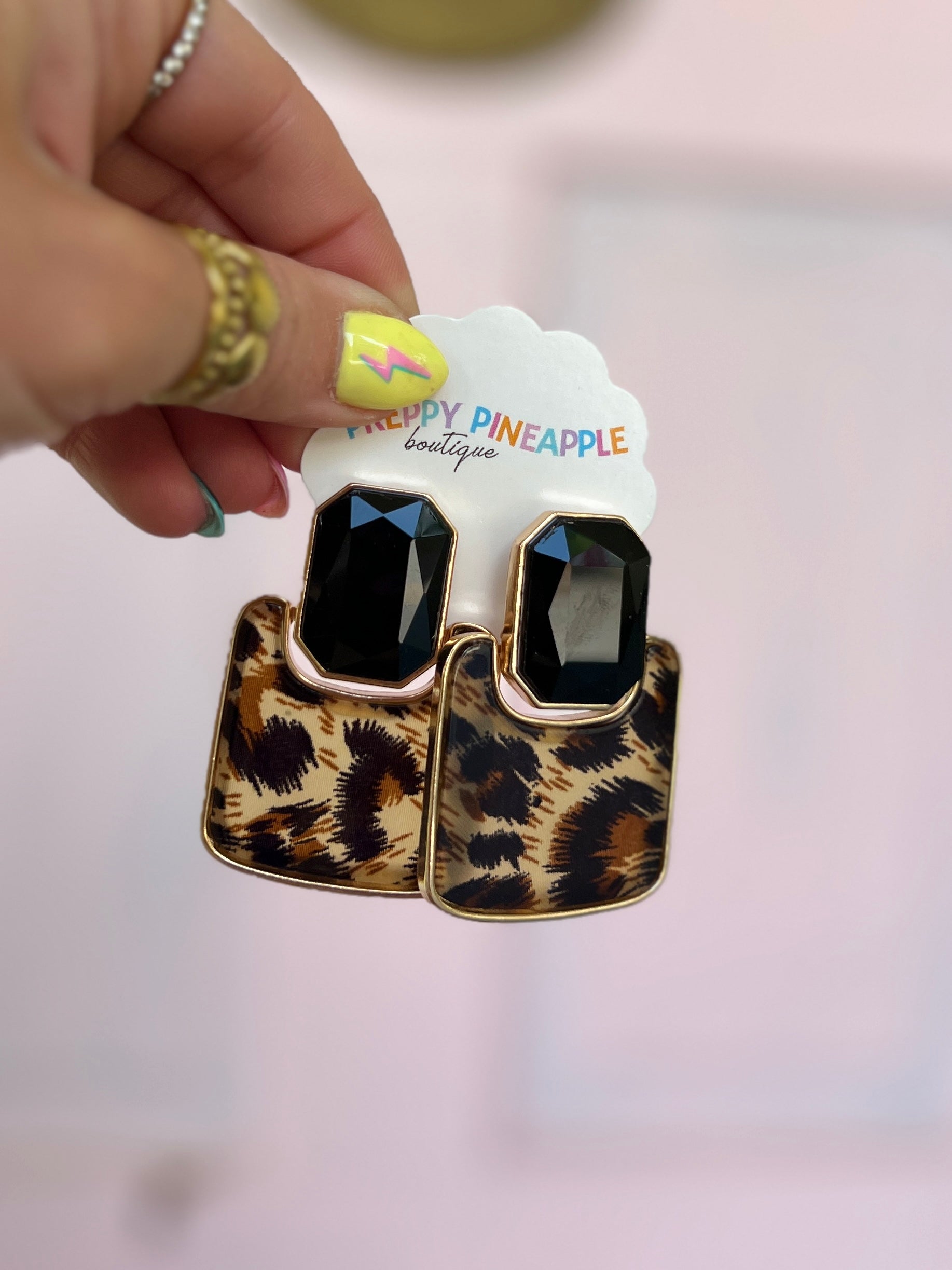 Geo Square and Emerald Cut Glass Earrings - Leopard/Black