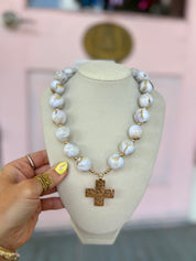 20mm Beads and Cross Charm Necklace - Natural