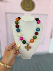 20mm Beads and Cross Charm Necklace - Multi