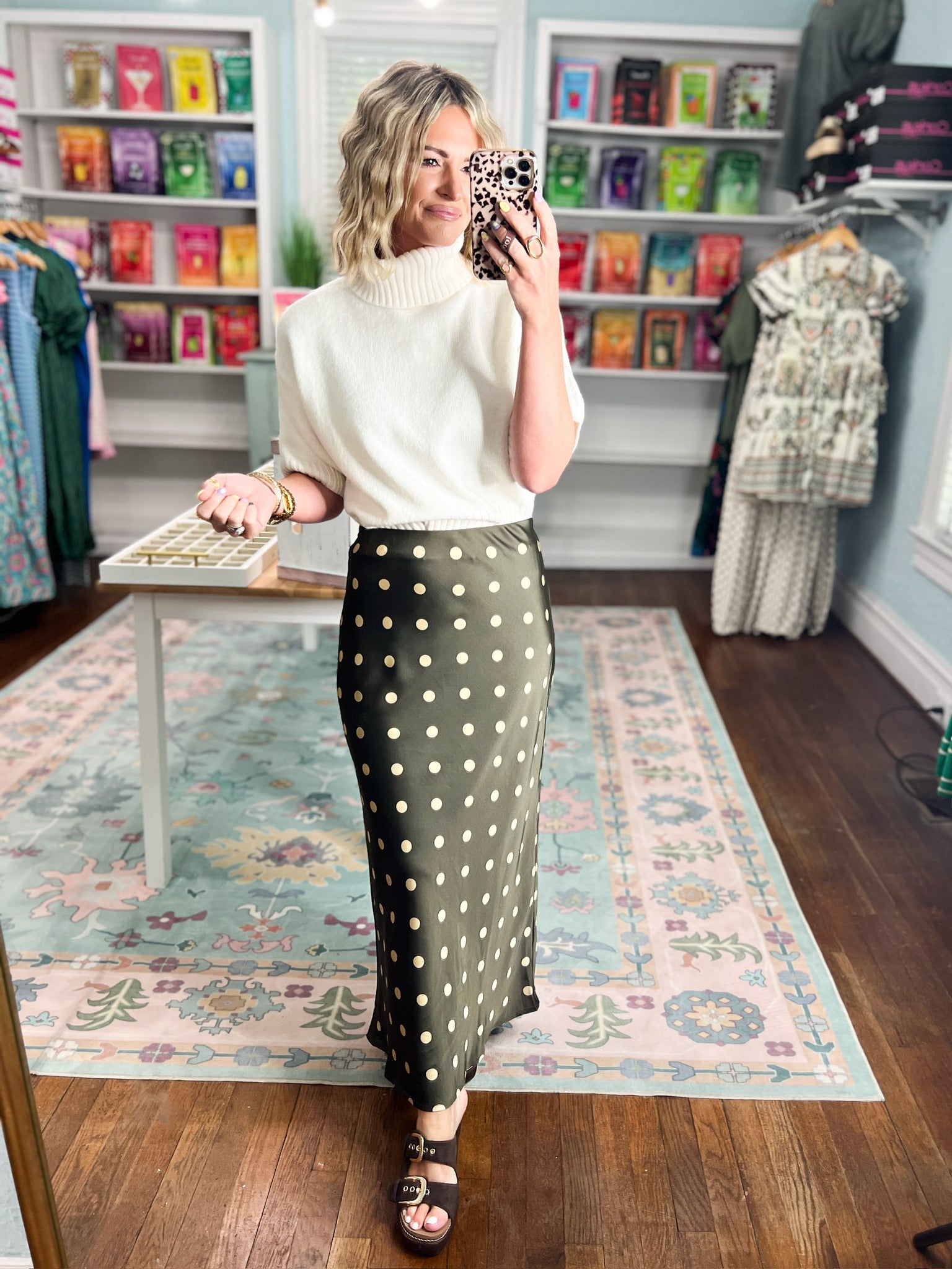 Timeless in Dots Midi Skirt - Olive