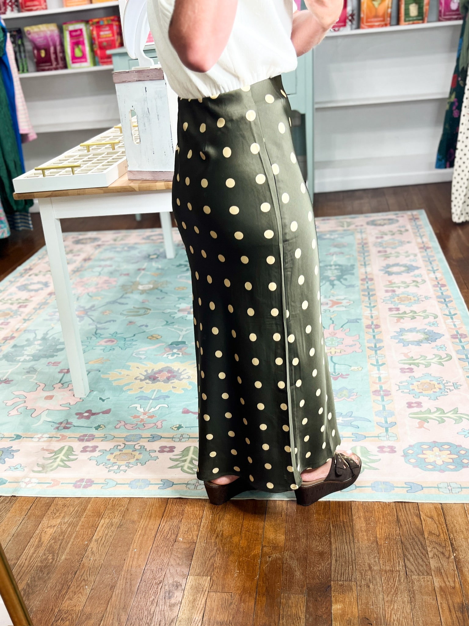 Timeless in Dots Midi Skirt - Olive