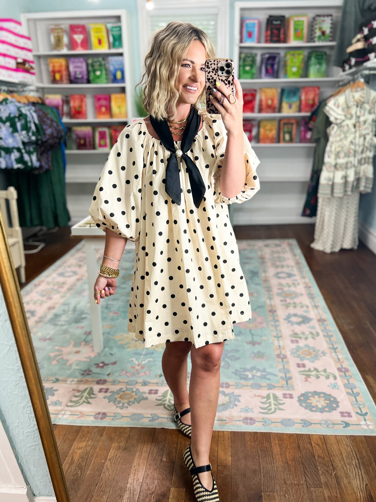 Dotty About You Gathered Mini Dress - Cream/Black