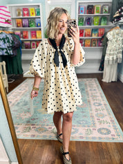 Dotty About You Gathered Mini Dress - Cream/Black