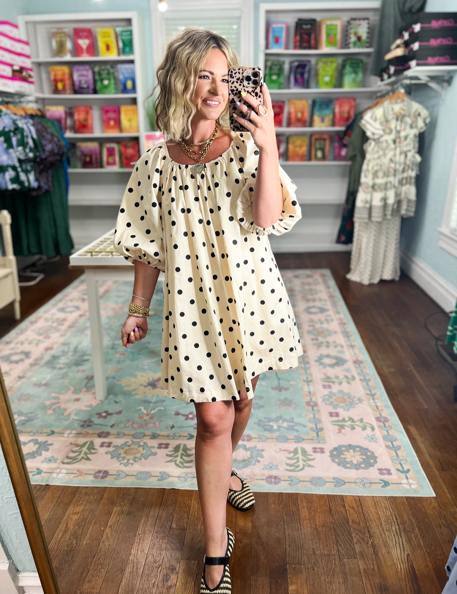 Cream mini dress with black polka dots, keyhole collar with dark tie