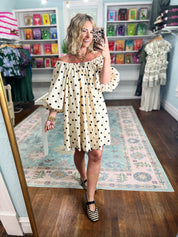 Dotty About You Gathered Mini Dress - Cream/Black