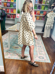 Dotty About You Gathered Mini Dress - Cream/Black