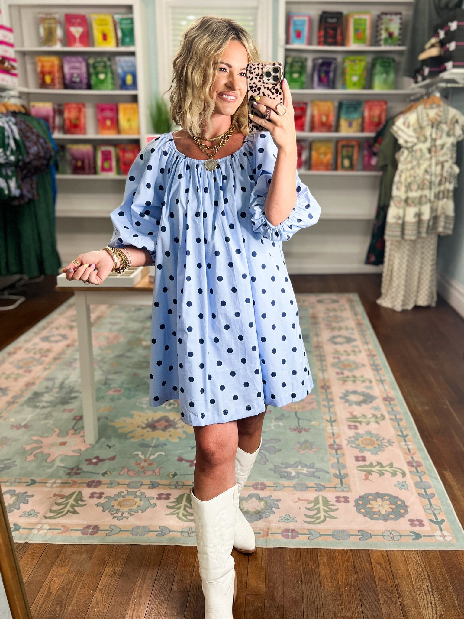 Dotty About You Gathered Mini Dress - Sky/Navy