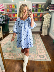 Dotty About You Gathered Mini Dress - Sky/Navy