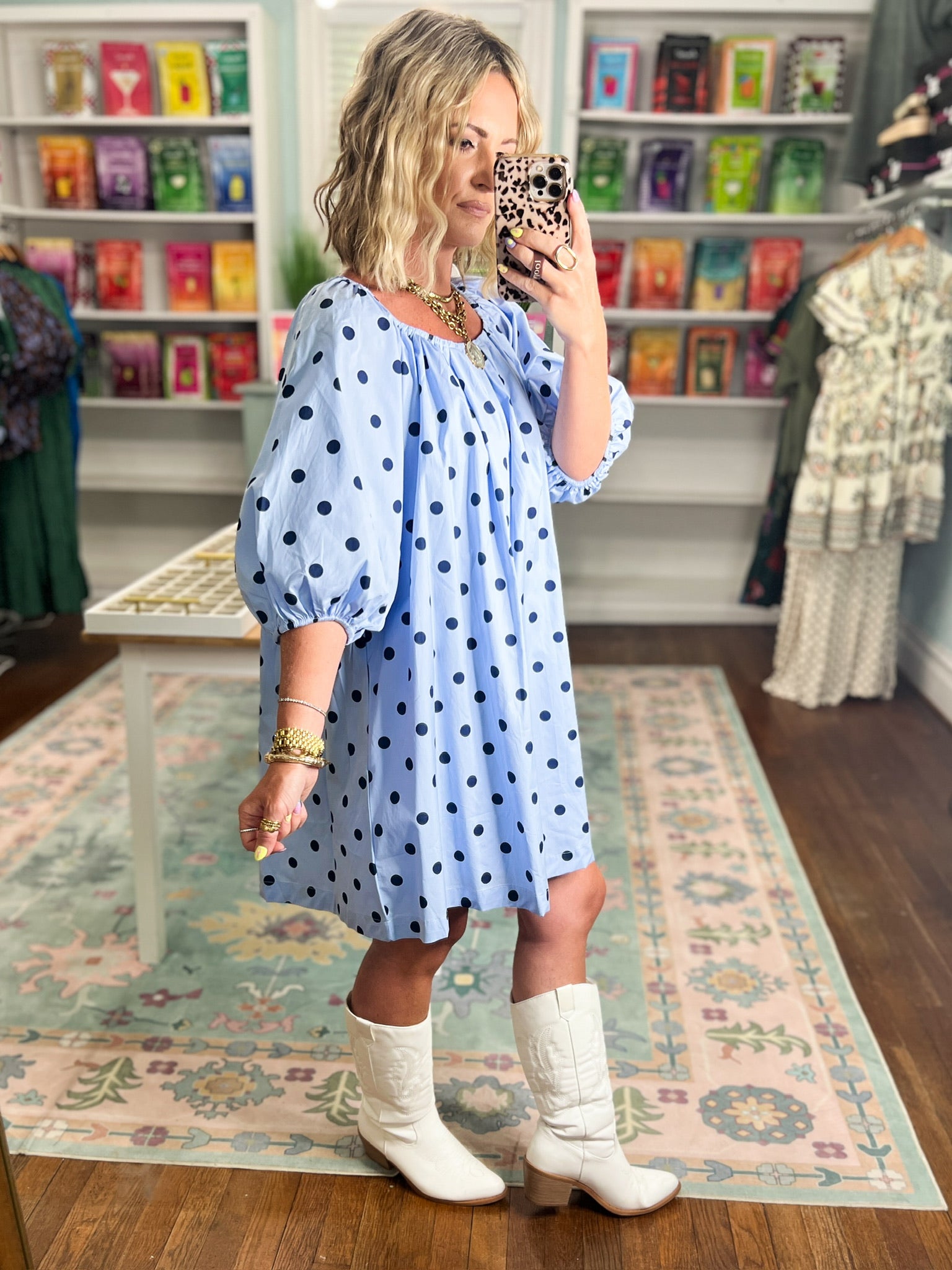 Dotty About You Gathered Mini Dress - Sky/Navy