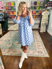 Dotty About You Gathered Mini Dress - Sky/Navy