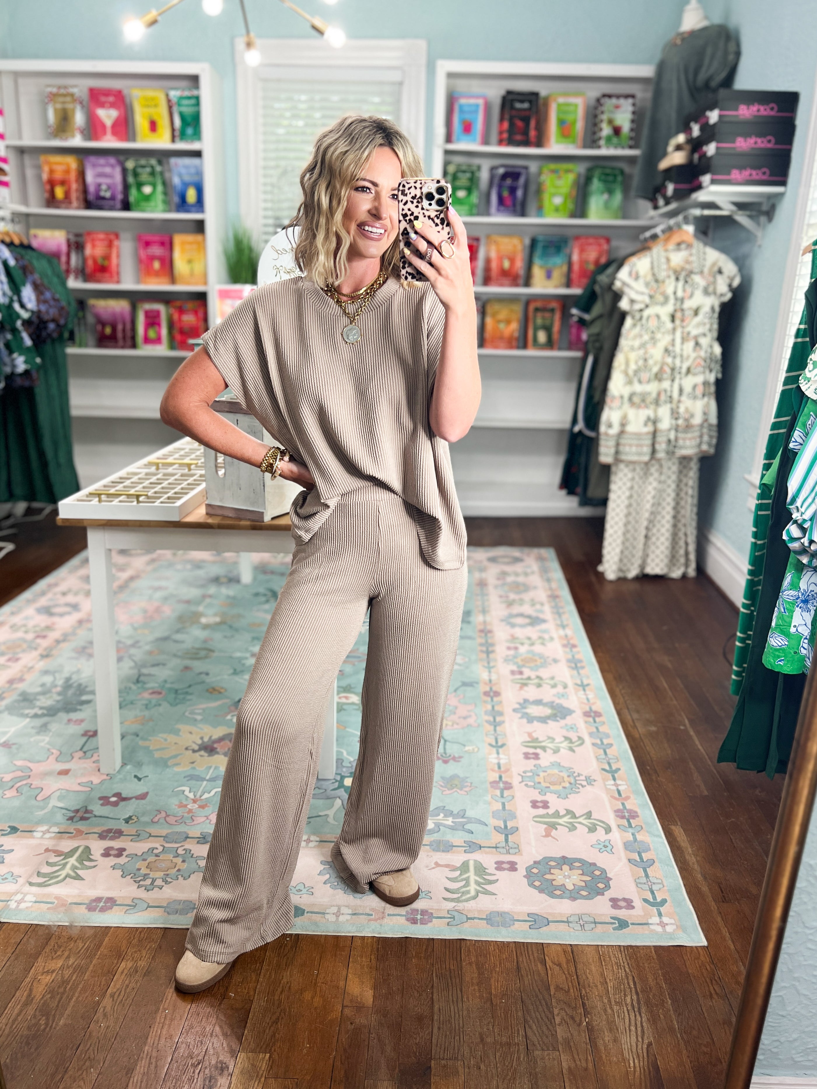 All Day Ease Ribbed Top and Pants Set - Cocoa
